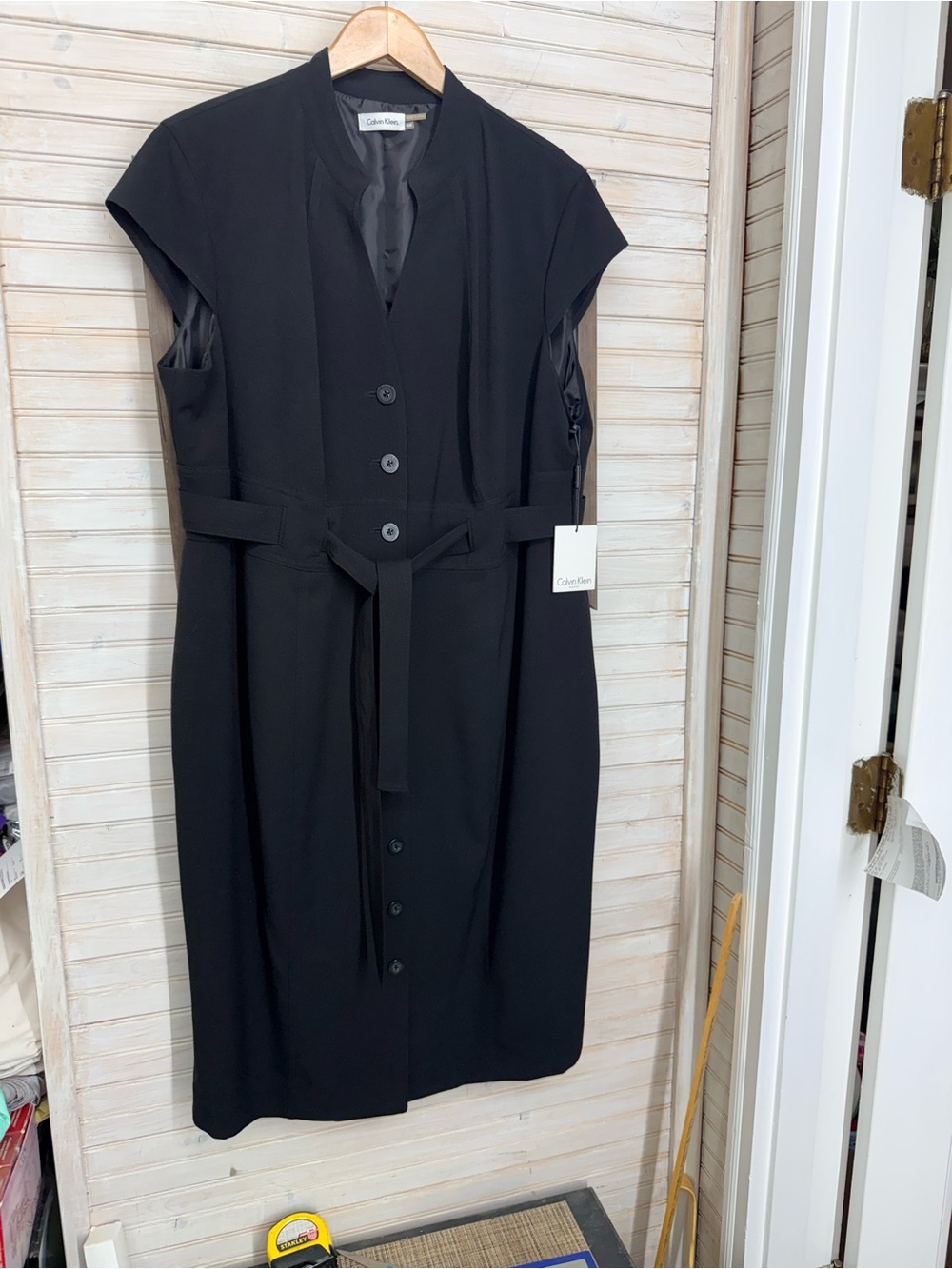 Calvin Klein Women’s 18W Black Button-Front Midi Suit Dress with Self-Tie Waist